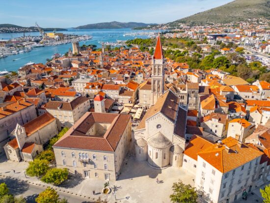 Aerial view of Trogir Old Town with the Cathedral of St. Lawrence in view.